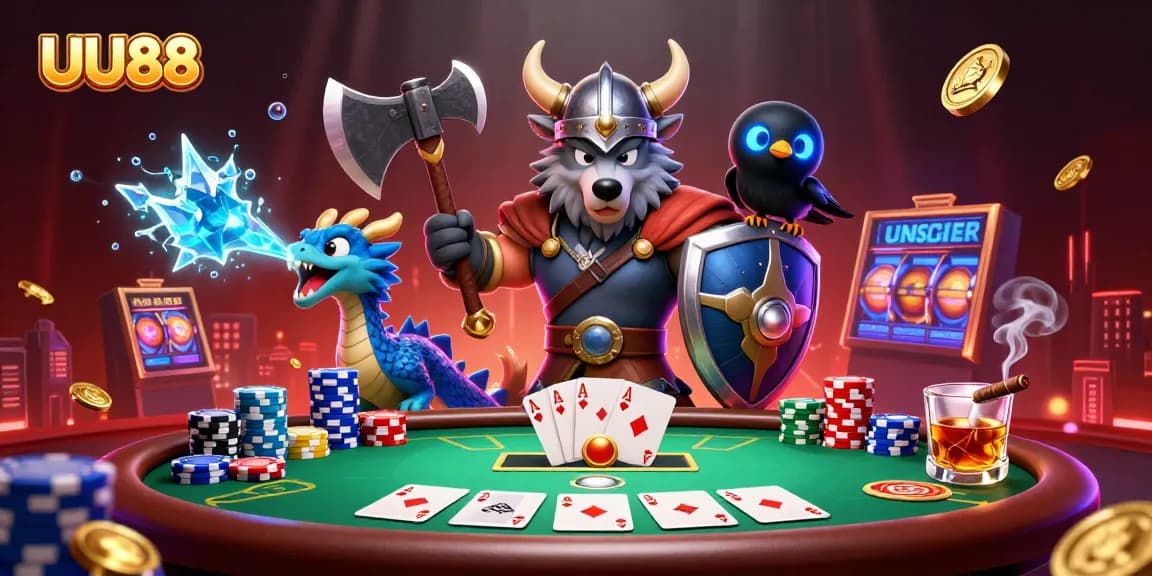Experience thrilling action at UU88 with a Viking wolf warrior, dragon, and casino elements.
