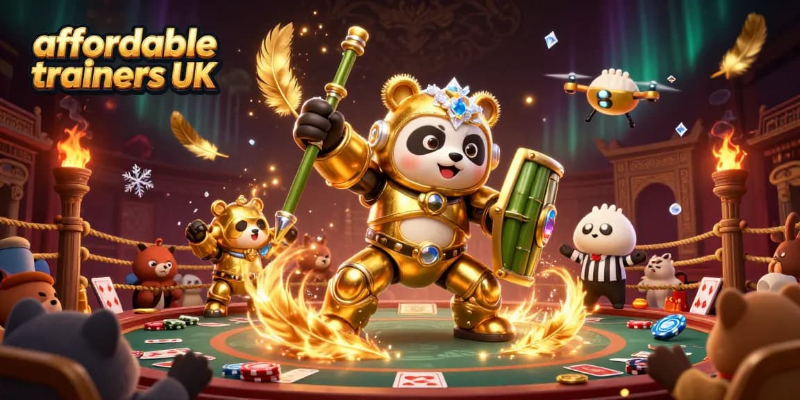 Engage with affordable trainers UK while enjoying a vibrant gambling-themed arena with a golden panda and robot.