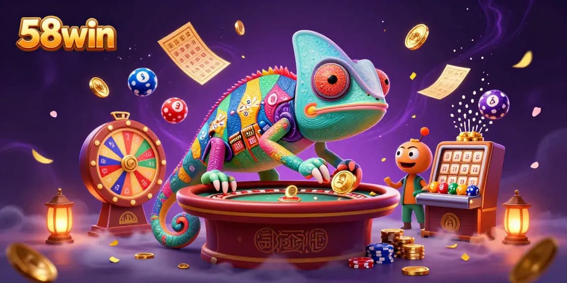 Experience thrilling wins at 58win with dynamic, colorful gaming elements and a lively chameleon casino owner.