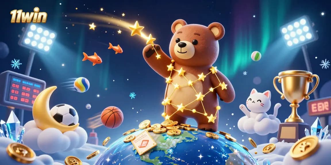 Experience thrilling sports betting action at 11WIN, featuring dynamic 3D illustration with stars and sports elements.