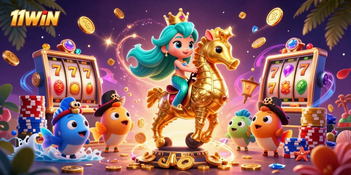 Experience thrilling wins with 11WIN's vibrant 3D illustration of a mermaid princess and golden seahorse amidst casino riches.