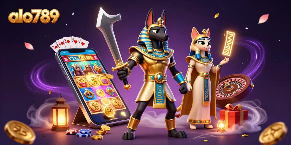 Play thrilling games at alo789 with a vibrant 3D casino scene featuring Anubis and Bastet.