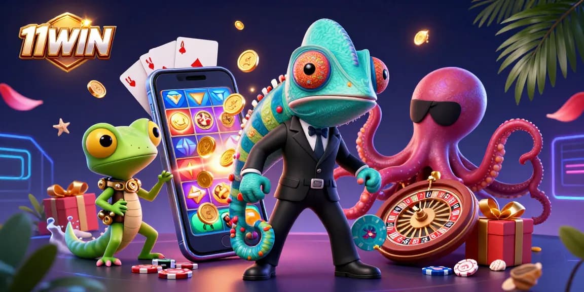 Experience the excitement of 11WIN with vibrant slot games and animated characters in a thrilling casino scene.