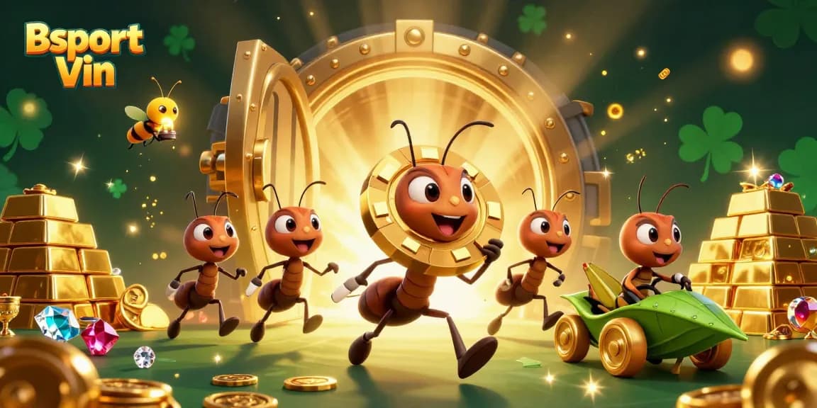 Experience thrilling bets at Bsport Vin with ants on a heist carrying a massive poker chip.