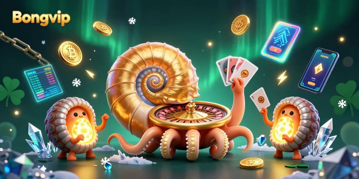 Engage with thrilling games at Bongvip, featuring a vibrant 3D ancient nautilus roulette and glowing Bitcoin elements.