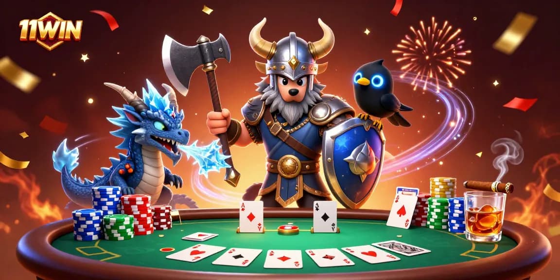 11WIN poker scene showcasing a Viking wolf warrior, ice dragon, and raven with chips and cards.