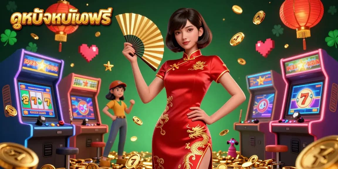 Experience ดูหนังออนไลน์ฟรี action with vibrant characters in a lively casino scene full of colorful game elements.
