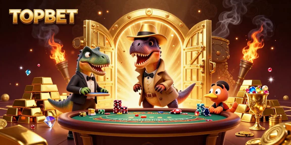 TOPBET showcases a velociraptor card counter with a suspicious stegosaurus and sneaky compy, in a vibrant casino setting.
