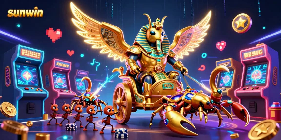 Sunwin features a vibrant casino scene with a golden scarab, scorpions, and arcades, celebrating gameplay.