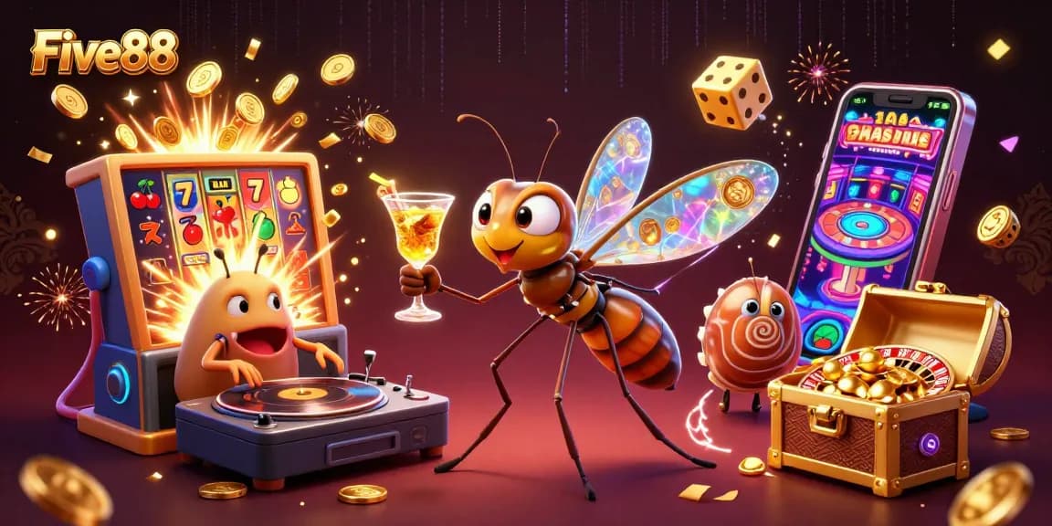 Experience the thrill of Five88 with a rich 3D casino illustration featuring a vibrant gaming atmosphere.