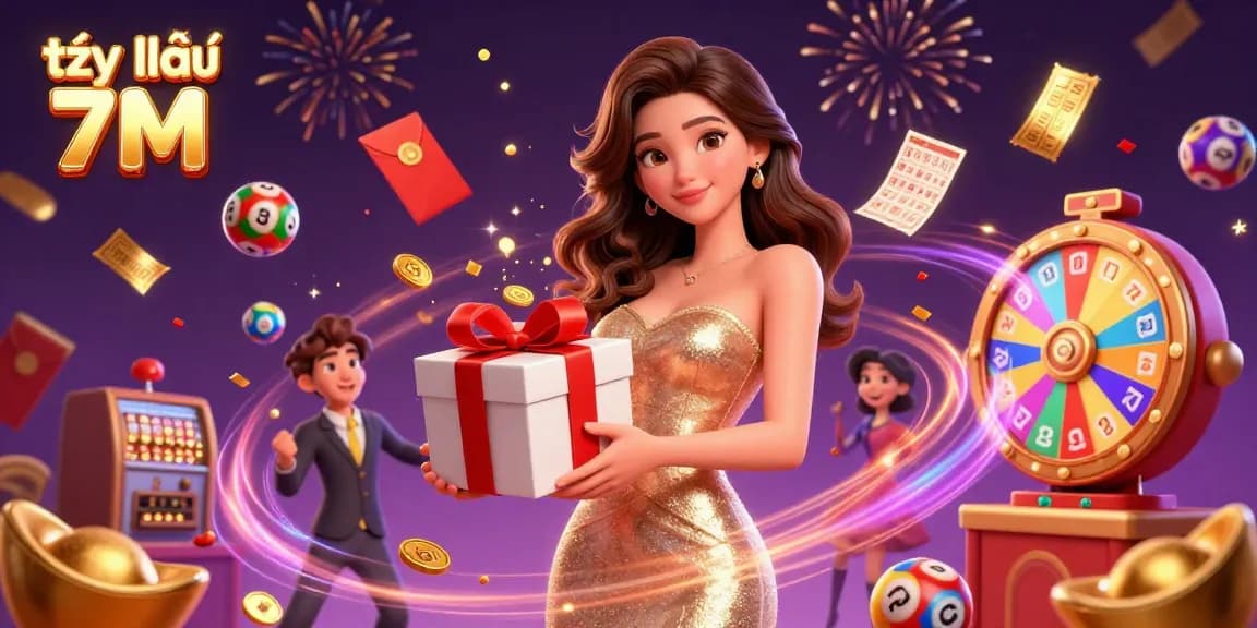 Win at tỷ lệ 7M with fast-paced, colorful lottery-themed casino celebration illustration.