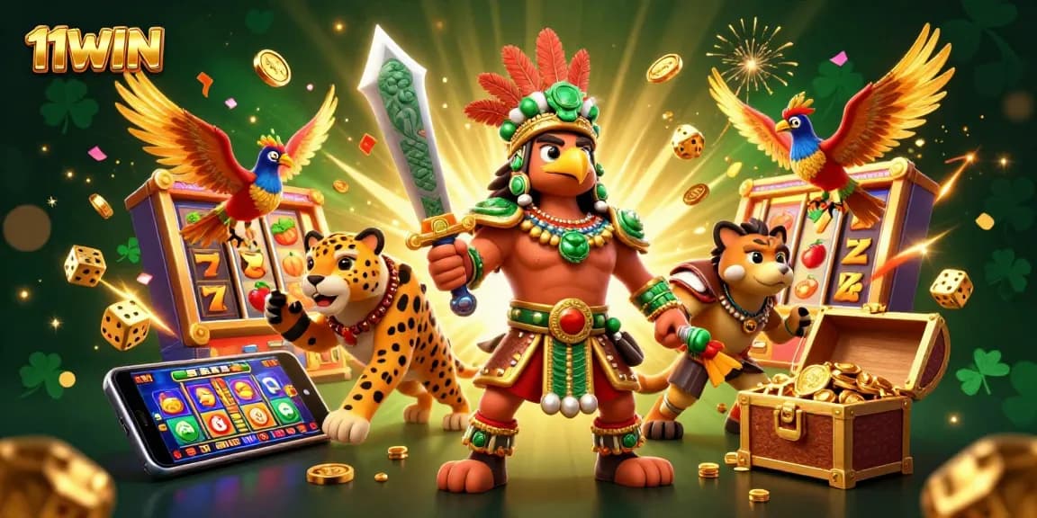 Experience thrilling jackpots with 11WIN’s vibrant casino illustration featuring lucky symbols and powerful warriors.
