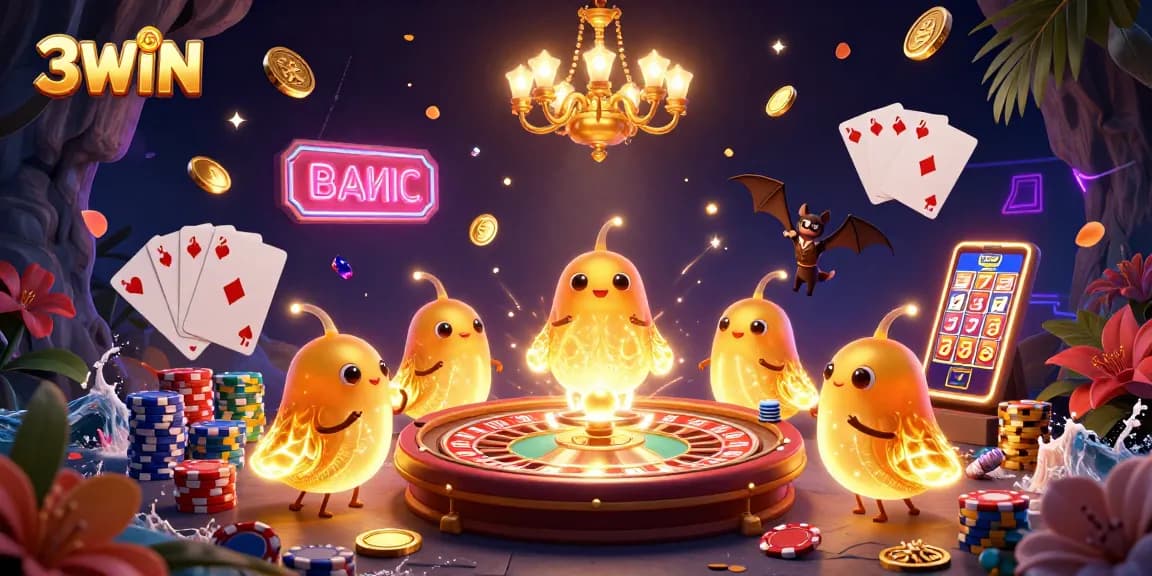 Experience thrilling gameplay at 3WIN with colorful casino elements and glimmering coins.