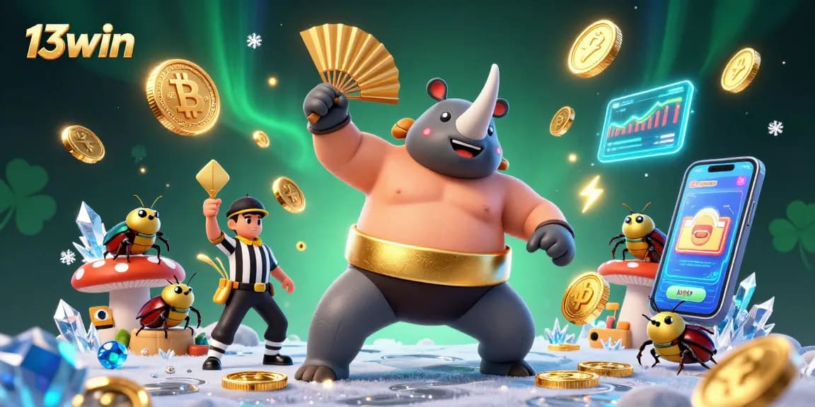 Experience thrilling gaming moments with 13win, where a sumo beetle champion takes center stage amidst flying coins.