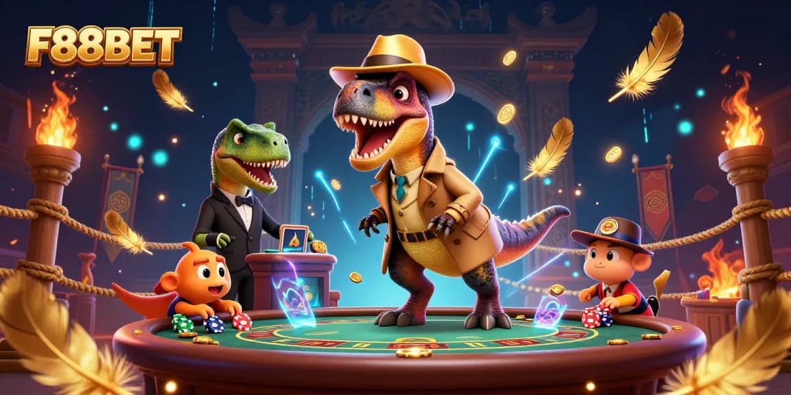 Experience thrilling gameplay at F88BET with a velociraptor card counter and more in this dynamic casino scene.