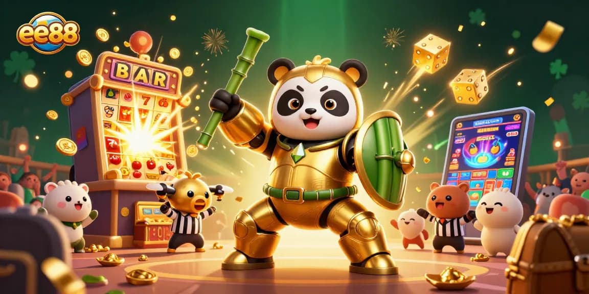 Feel the excitement with ee88 as the mech-suit panda battles in a colorful casino arena.