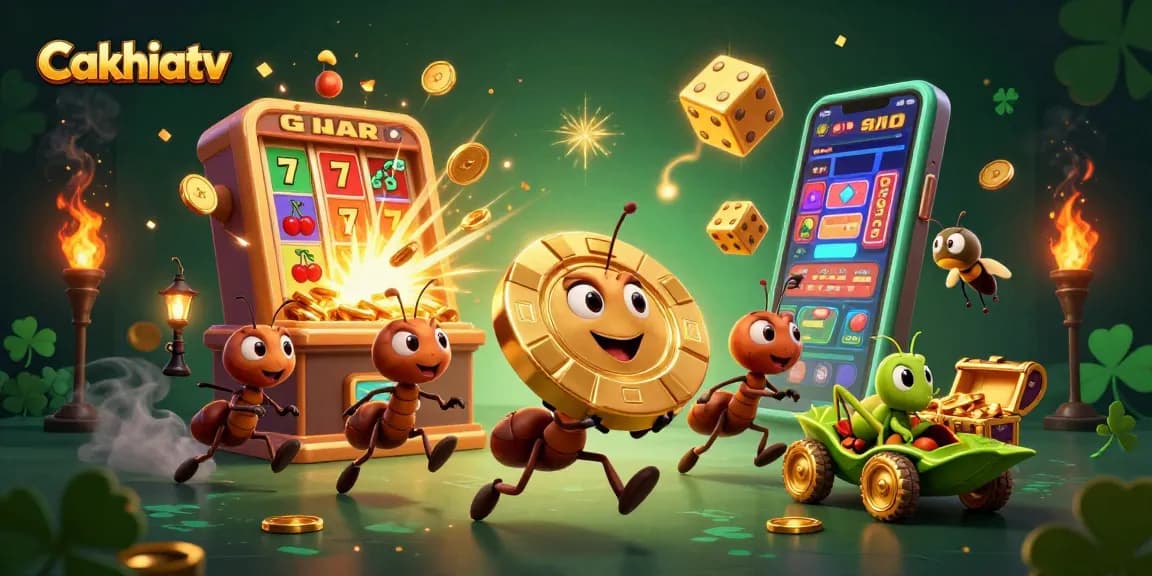 Cakhiatv features a heist scene with ants carrying a giant golden poker chip surrounded by dynamic casino elements.