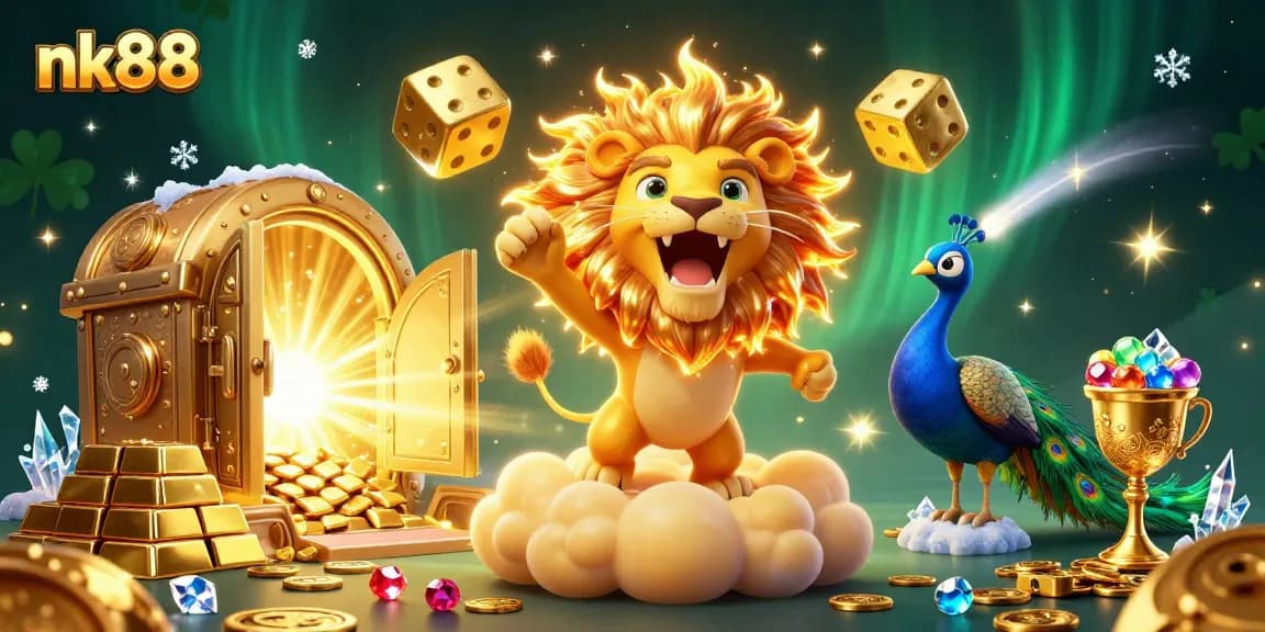 Play and win big with nk88 in this vibrant casino-themed illustration packed with treasures and excitement.