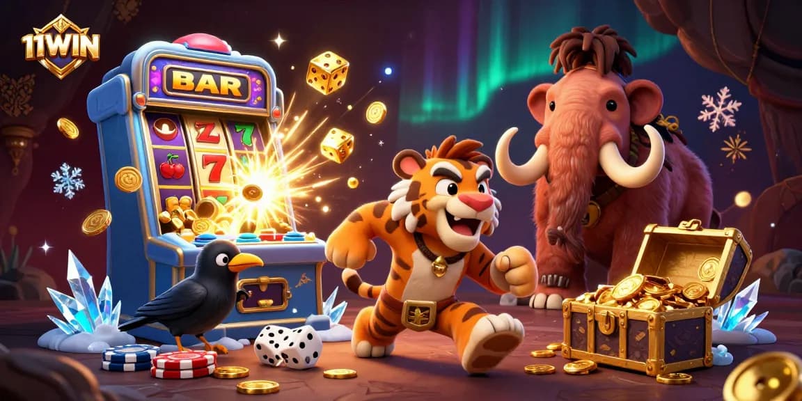 Experience the vibrant world of 11WIN with a prehistoric casino scene bursting with excitement and winnings.
