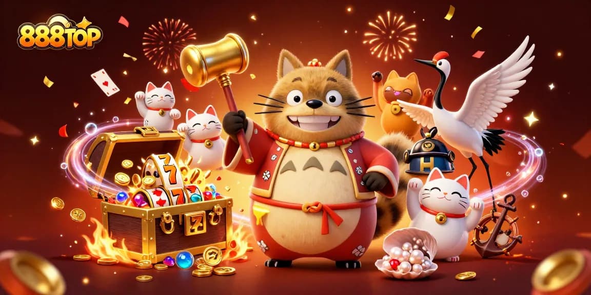 Engage with 888TOP's exciting slot reels adventure featuring lively tanuki, samurai crane, and waving fortune cats.