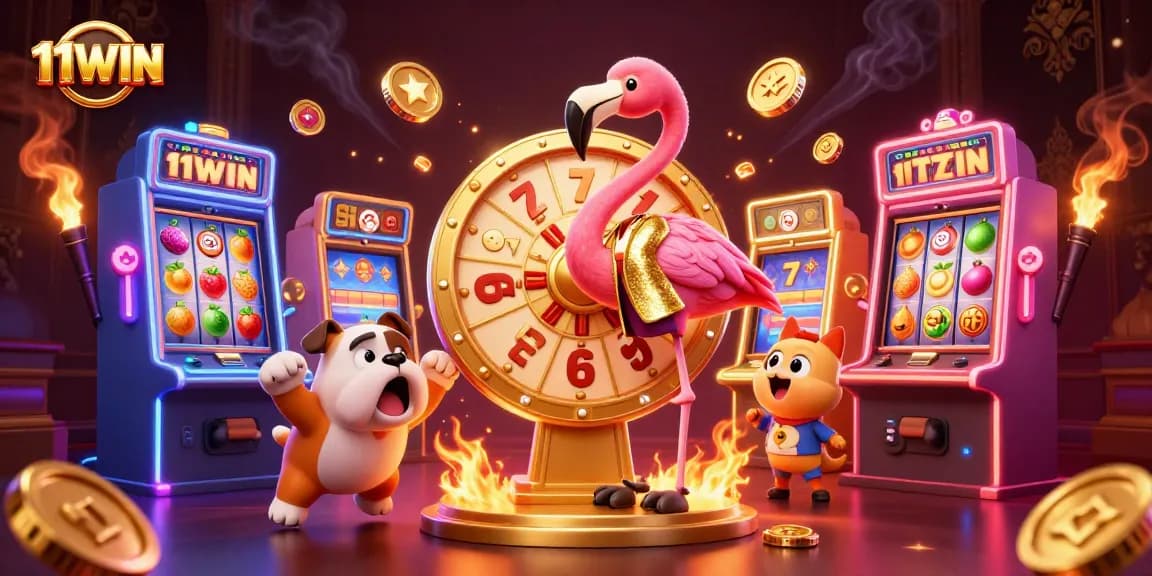 Spin the prize wheel and win with 11WIN in this colorful 3D casino illustration.