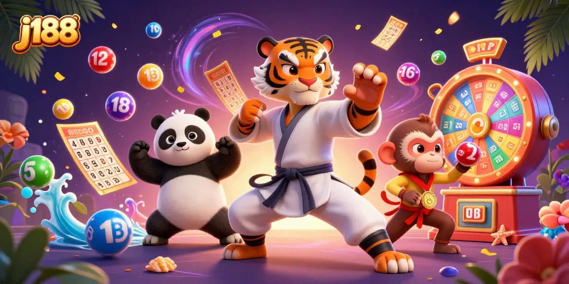 Experience the excitement of j188 with colorful lottery elements and engaging characters in a vibrant casino scene.