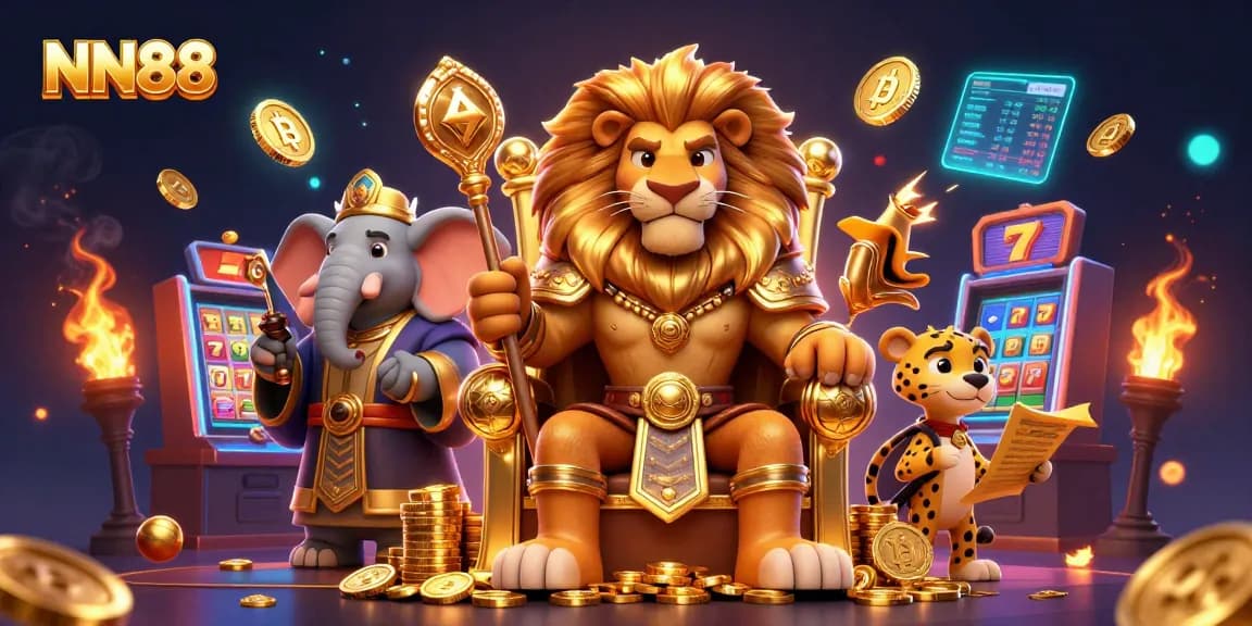 Experience the excitement of NN88's vibrant casino games and promotions in this dynamic 3D illustration.