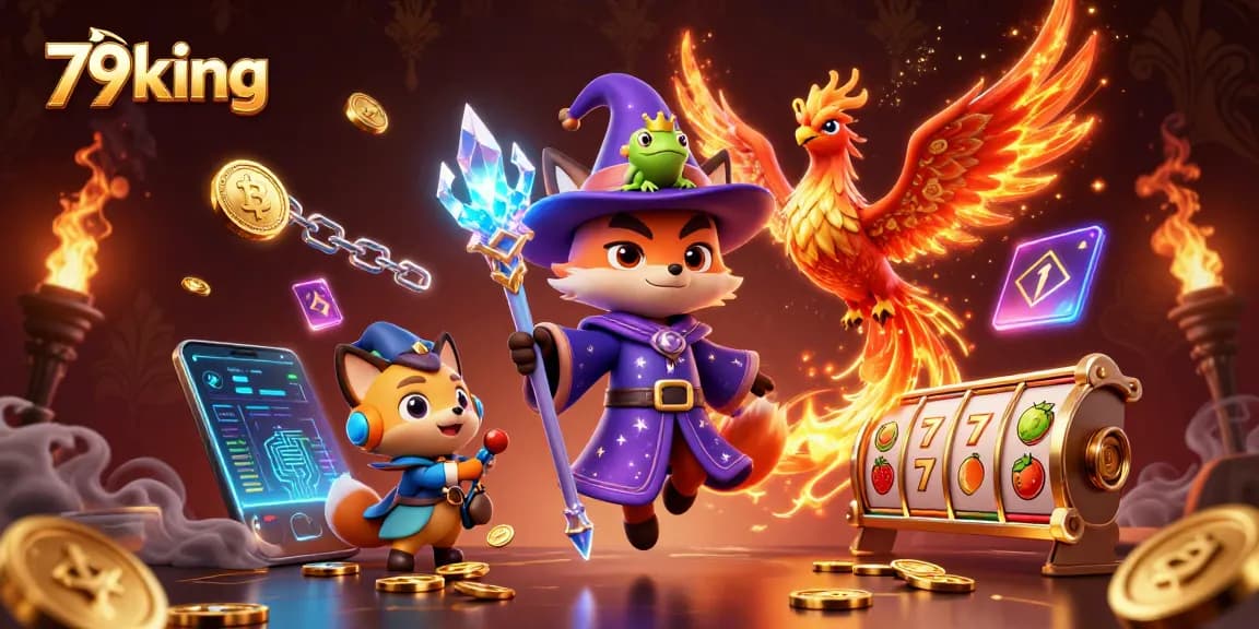 Launch into winning excitement with 79king’s dynamic slots and crypto-themed illustrated scene.