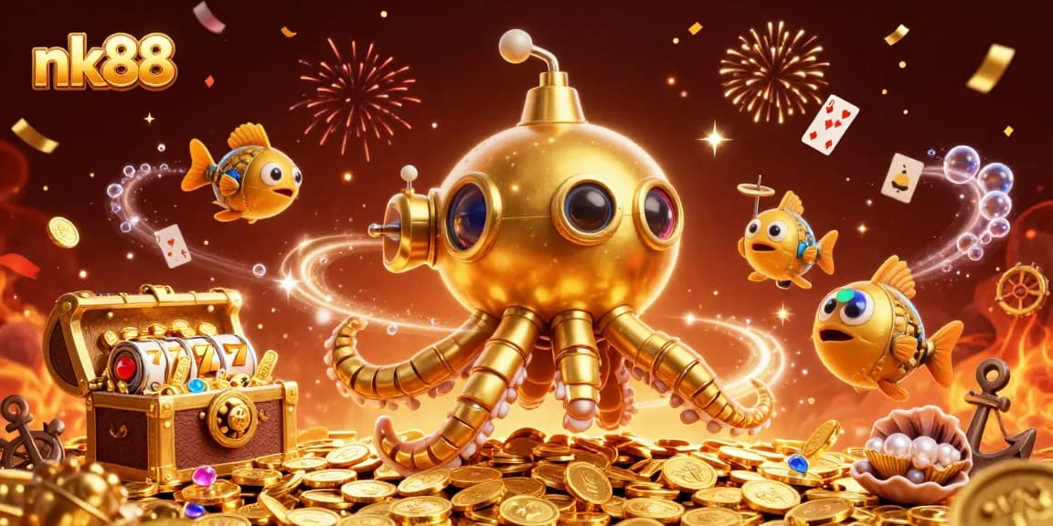 Experience nk88’s thrilling gaming adventure with a golden kraken and vibrant treasures.