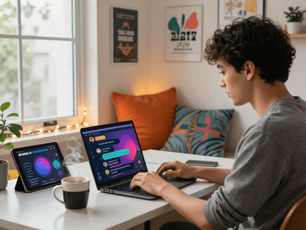 Engaging in nsfw ai chat in a cozy home office with vibrant decor.