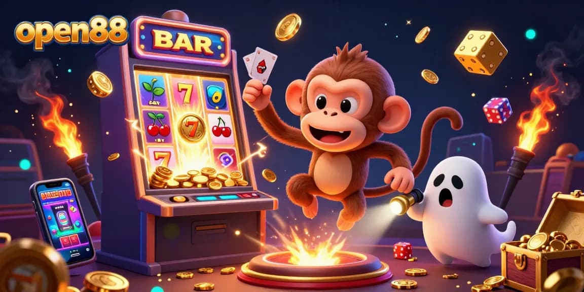 Engage with open88 in a vibrant casino scene featuring a mischievous monkey and playful puppy.