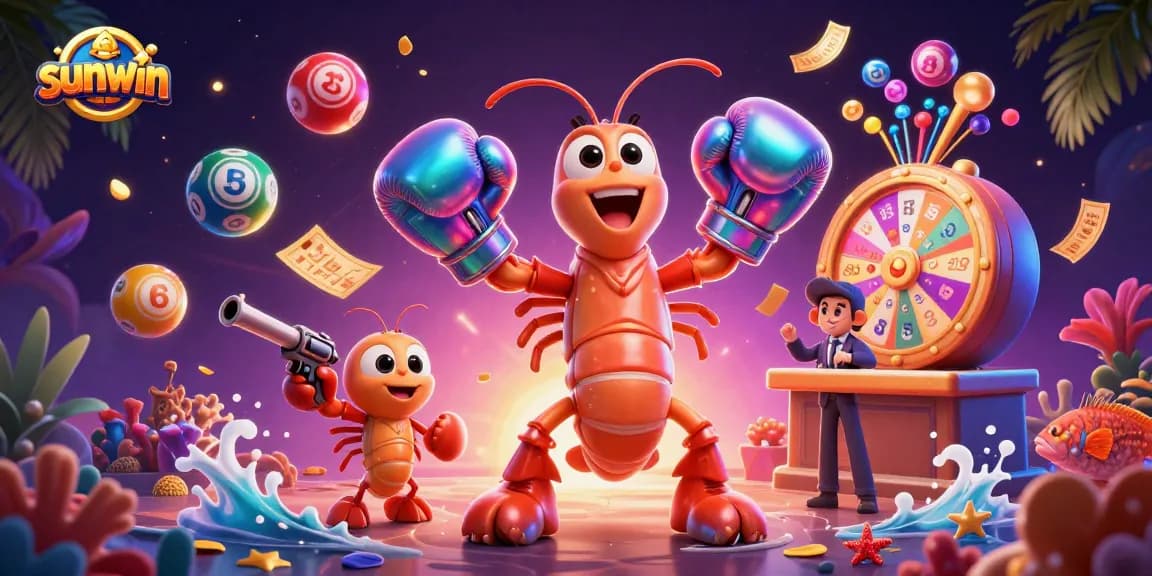Engage with sunwin in a vibrant lottery-themed casino scene with dynamic characters and colorful elements.