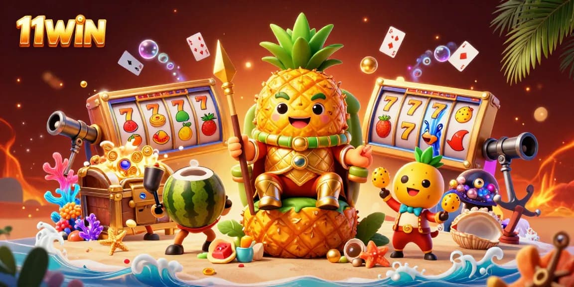 Join the fun at 11WIN with a vibrant beach casino featuring a golden pineapple king and engaging game elements.