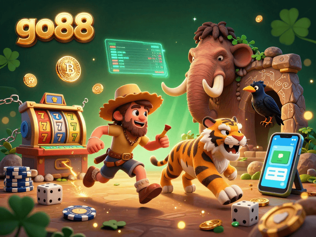 Engage in thrilling gameplay at go88 with a prehistoric casino scene featuring vibrant characters and crypto elements.