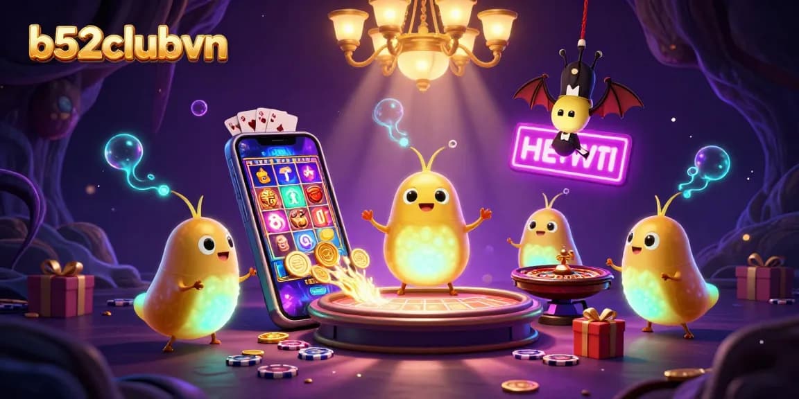 Experience the thrill of b52clubvn with glowing characters and vibrant casino elements in a packed scene.