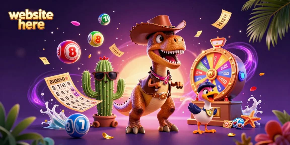 Experience exciting gameplay with website here featuring a vibrant 3D illustration of a cowboy T-Rex and friends.
