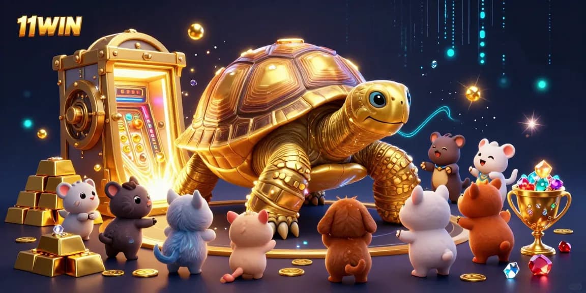 Experience the excitement of 11WIN with a vibrant illustration showcasing a golden tortoise pinball machine in a rich casino atmosphere.