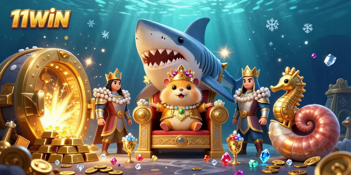 Experience the thrill of gaming with the captivating 11WIN casino illustration featuring a golden hamster king.