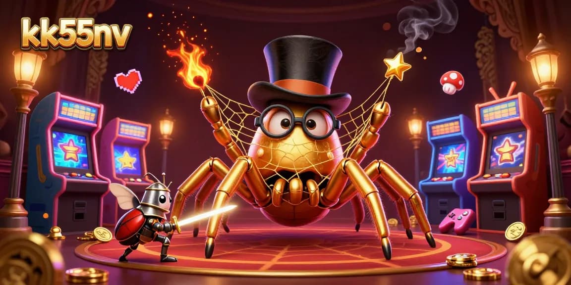 Engage with kk55nv's vibrant 3D casino world featuring a golden tarantula and dynamic game elements.