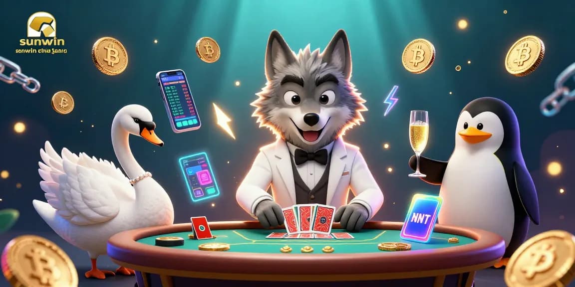 Experience the thrill of sunwin chính hãng with a vibrant casino scene featuring a debonair wolf, swan dealer, and penguin sommelier.