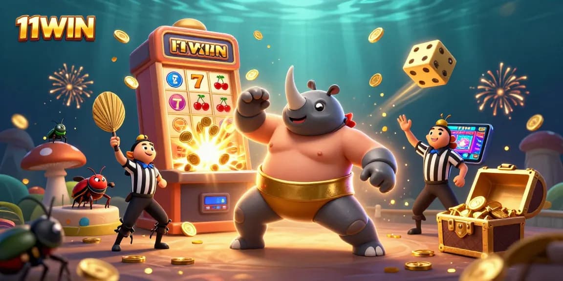 Experience the excitement of winning at 11WIN's vibrant casino scene with dazzling slot machines.