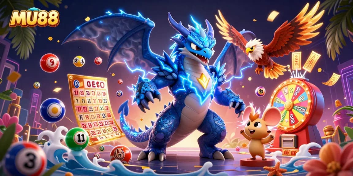 Play exciting games on MU88 with lively lottery elements and dynamic characters in a vibrant casino scene.