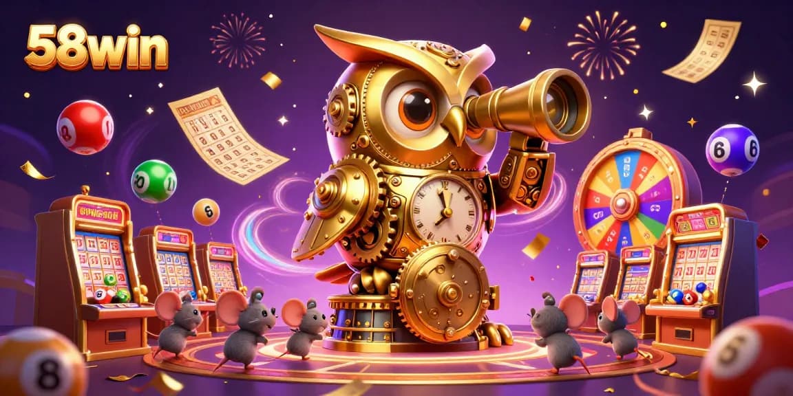 Experience vibrant gaming action at 58win with a golden owl surveying colorful lottery games and dynamic prizes.