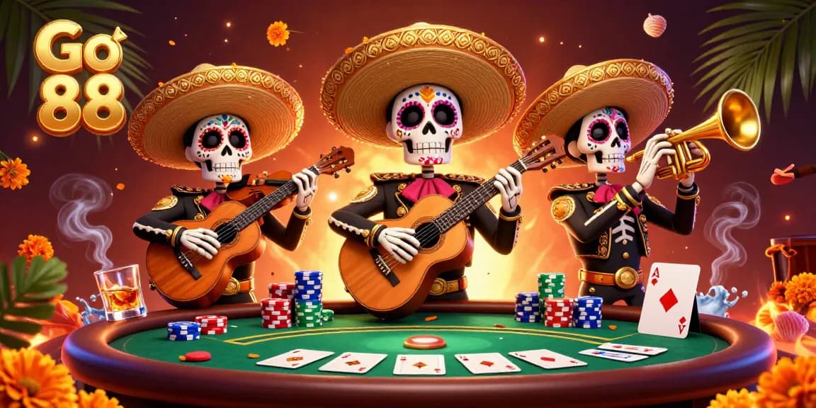 Experience thrilling fun with Go 88 at our vibrant casino featuring skeleton mariachi band and poker elements.