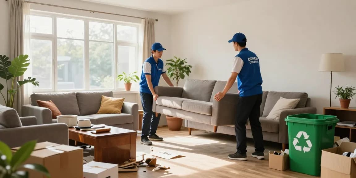 House clearance London team removing clutter from a living room, emphasizing eco-friendly waste disposal and professional service.
