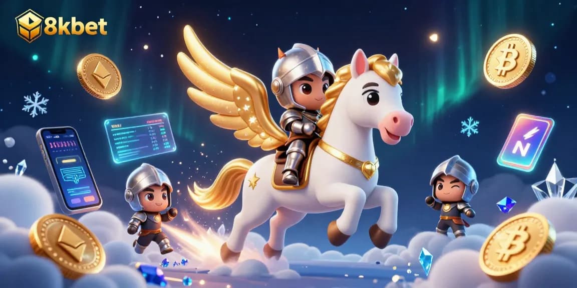 Experience the excitement of 8xbet with a vibrant 3D scene featuring a celestial knight flying through a cosmic casino landscape.