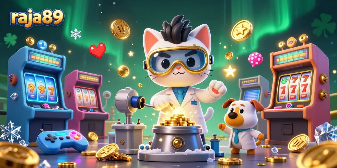 Experience explosive wins with raja89's vibrant casino-themed 3D illustration featuring dynamic characters and game elements.