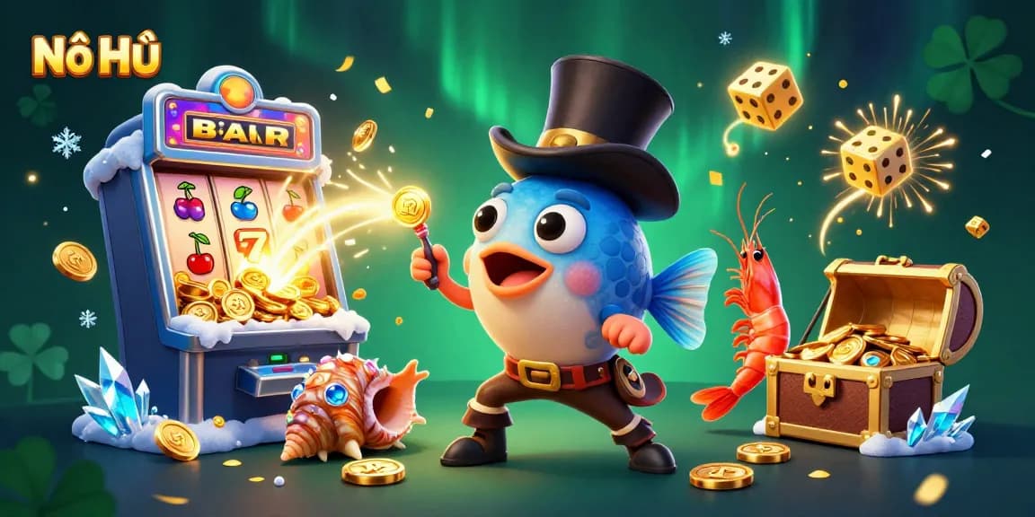 Nổ Hũ jackpot eruption with a deep-sea fish, shrimp, and gemstone snail attracting players into thrilling slots.