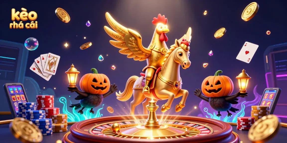 Bet on kèo nhà cái with a stunning 3D casino illustration featuring a golden rooster and spectral horse.