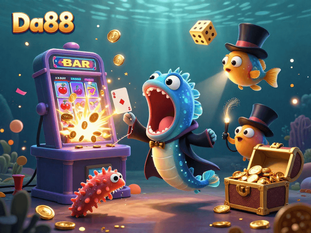 Experience the excitement of Da88 with a vibrant underwater casino scene filled with magical characters and games.